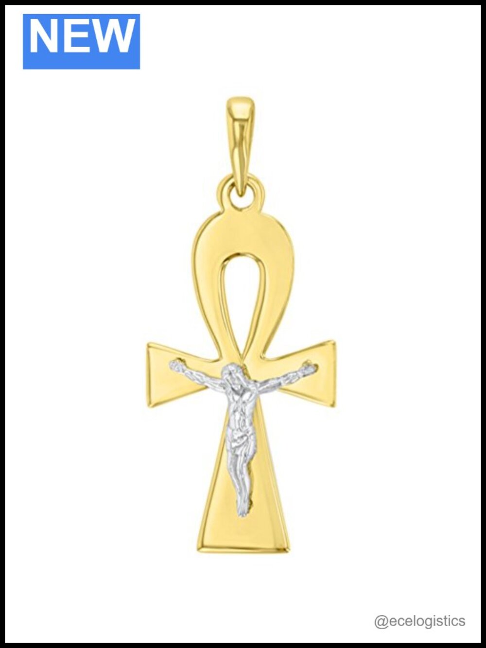 14K Two-Tone Ankh Cross with Jesus Christ Crucifix Pendant